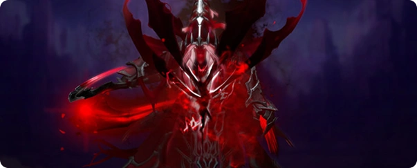 A mysterious figure in dark, jagged armor glows with an ominous red aura. The background is a dim, misty landscape, creating a sense of danger and power.