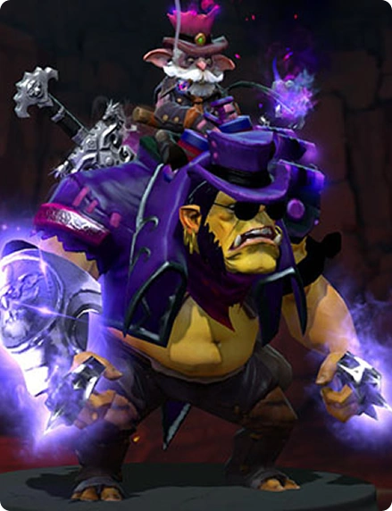 Fantasy character duo: a small, whimsical gnome in a hat riding a large, muscled creature with purple armor. Both emanate a mystical glow.