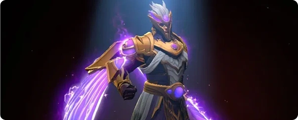 A futuristic warrior in ornate gold and silver armor, glowing with purple energy, stands confidently under a spotlight against a dark background.