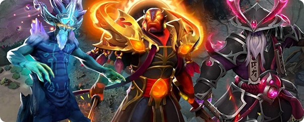Three fantastical characters in vibrant armor stand together. A blue, ethereal figure on the left, a fiery warrior in glowing armor center, and a dark, mystical knight on the right, all with intricate details and powerful stances.