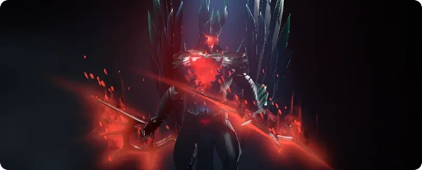 Dark armored figure with glowing red aura and wing-like shards. Holds two swords emitting energy. Intense and ominous atmosphere.