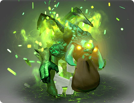 A glowing, green, spectral creature with bright yellow eyes holds a brown sack. Surrounded by floating particles, it exudes an eerie, mystical aura.