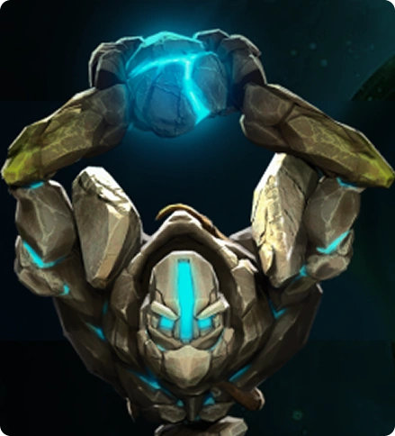 A stone golem with glowing blue lines holds a large, glowing blue rock above its head. The scene conveys a sense of strength and mysticism.