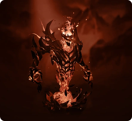 Een vurig wezen met een dreigende uitdrukking komt tevoorschijn uit de vlammen tegen een donkere, rokerige achtergrond, waardoor een gevoel van hitte en intensiteit ontstaat.