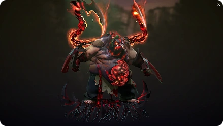 Een monsterlijk personage staat dreigend, gloeiend met vurige rode vlammen. Tentakels en zwaarden steken uit zijn lichaam en stralen een woeste, intimiderende uitstraling uit.